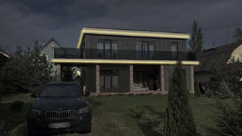 Сравнение 3D-визуализации освещения и готового реализованного проекта загородного дома, Feel-Light