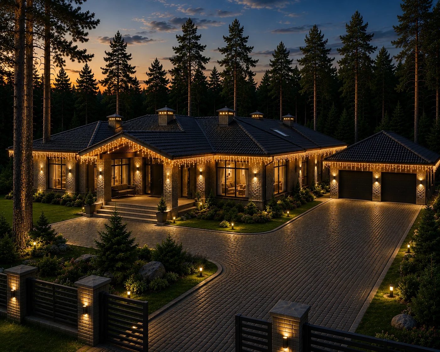 3D-визуализация наружного освещения одноэтажной усадьбы 550 м² в пос. Комарово, Feel-Light
