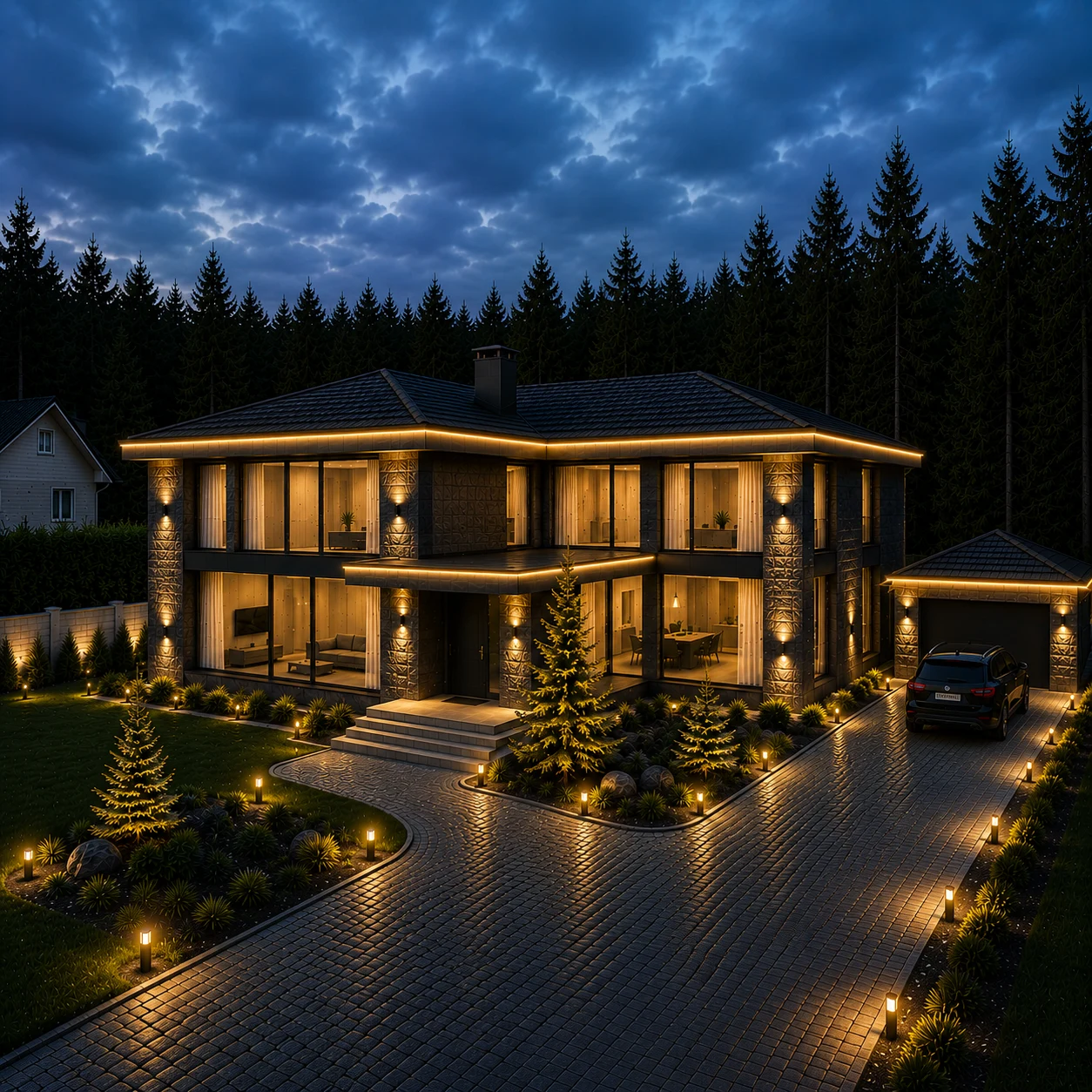 3D-визуализация наружного освещения двухэтажной виллы 350 м² в пос. Ленинское, Feel-Light