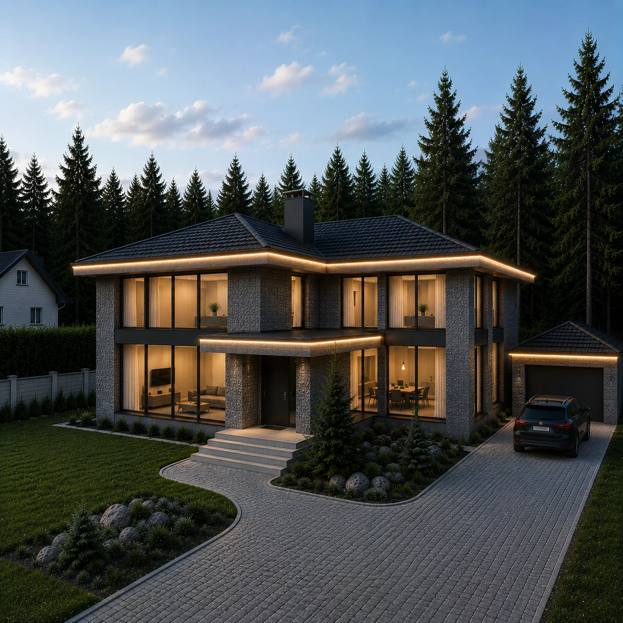 Контурная подсветка кровли двухэтажной виллы 350 м2