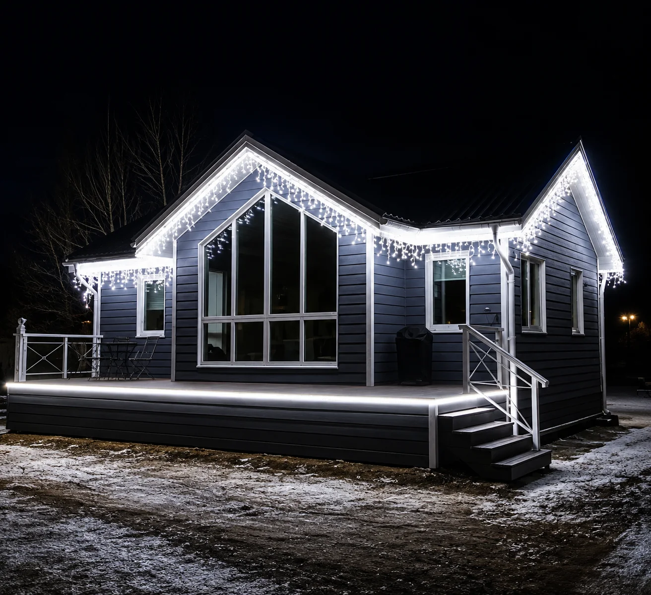 Подсветка скандинавского загородного дома 67 кв.м в зимнем пейзаже, Feel-Light